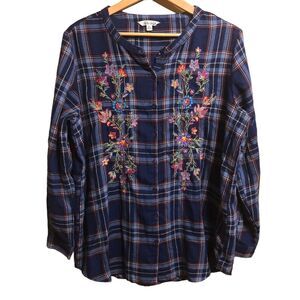 The Pioneer Woman Blue Plaid Embroidered Button Down Top Size XL